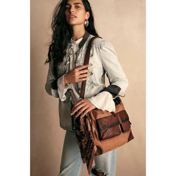 Free People BUSHWICK MESSENGER BAG Cargo Canvas Leather Terra Cott Tan Brown NWT - Picture 1 of 10